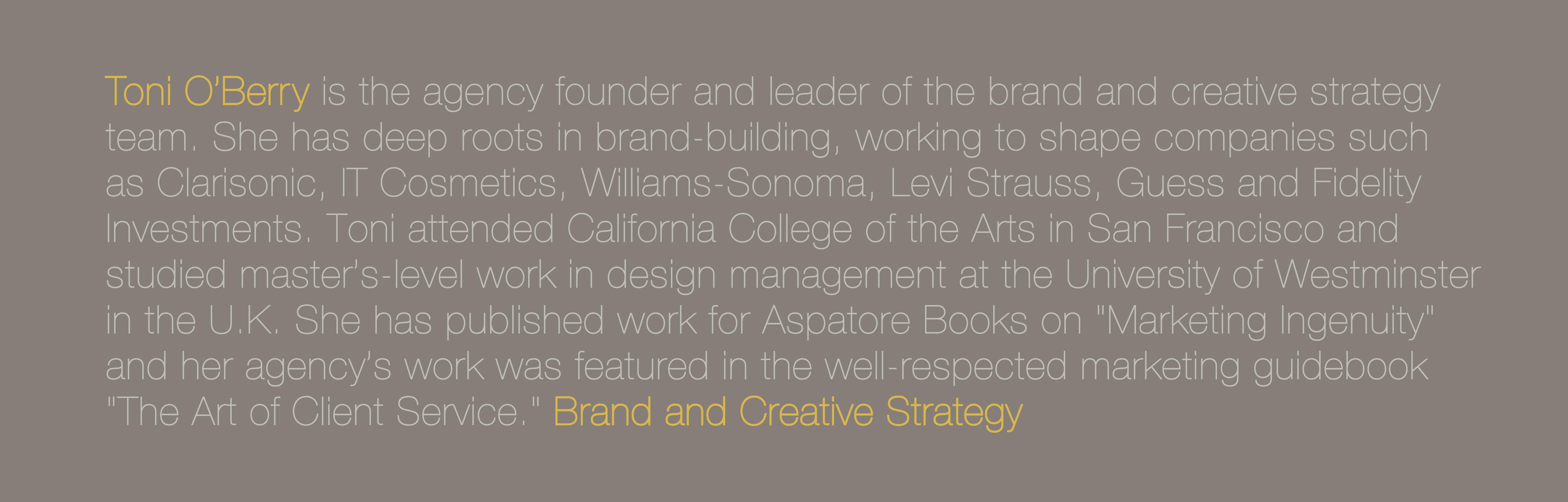 Toni O’Berry is the agency founder and leader of the brand and creative strategy team. She has deep roots in brand-building, working to shape companies such